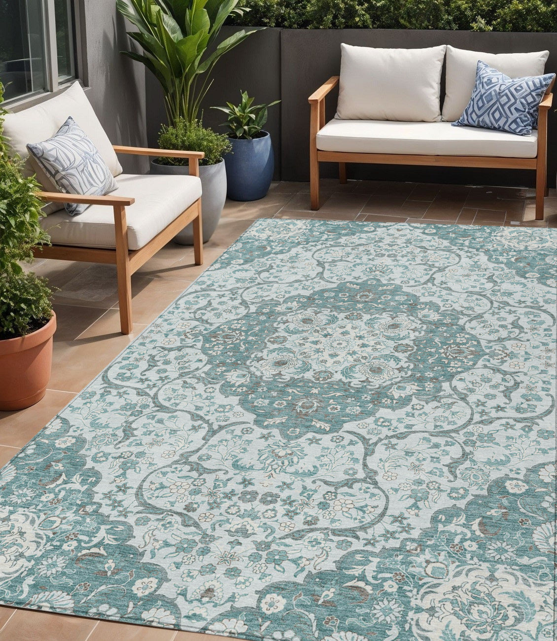 5 X 8 Teal Blue And Ivory Medallion Washable Indoor Outdoor Area Rug