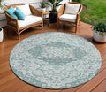 8 Teal Blue And Ivory Round Medallion Washable Indoor Outdoor Area Rug