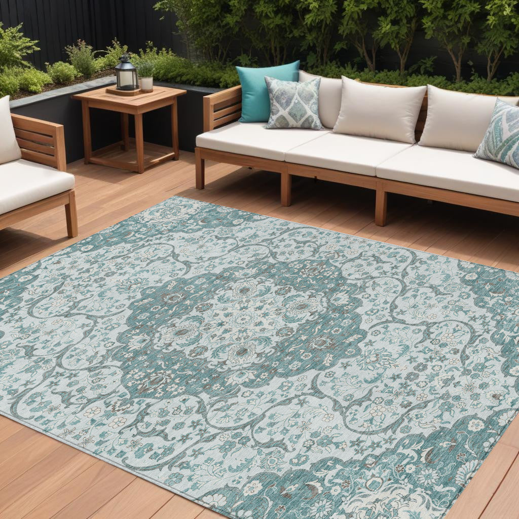 10 X 14 Teal Blue And Ivory Medallion Washable Indoor Outdoor Area Rug