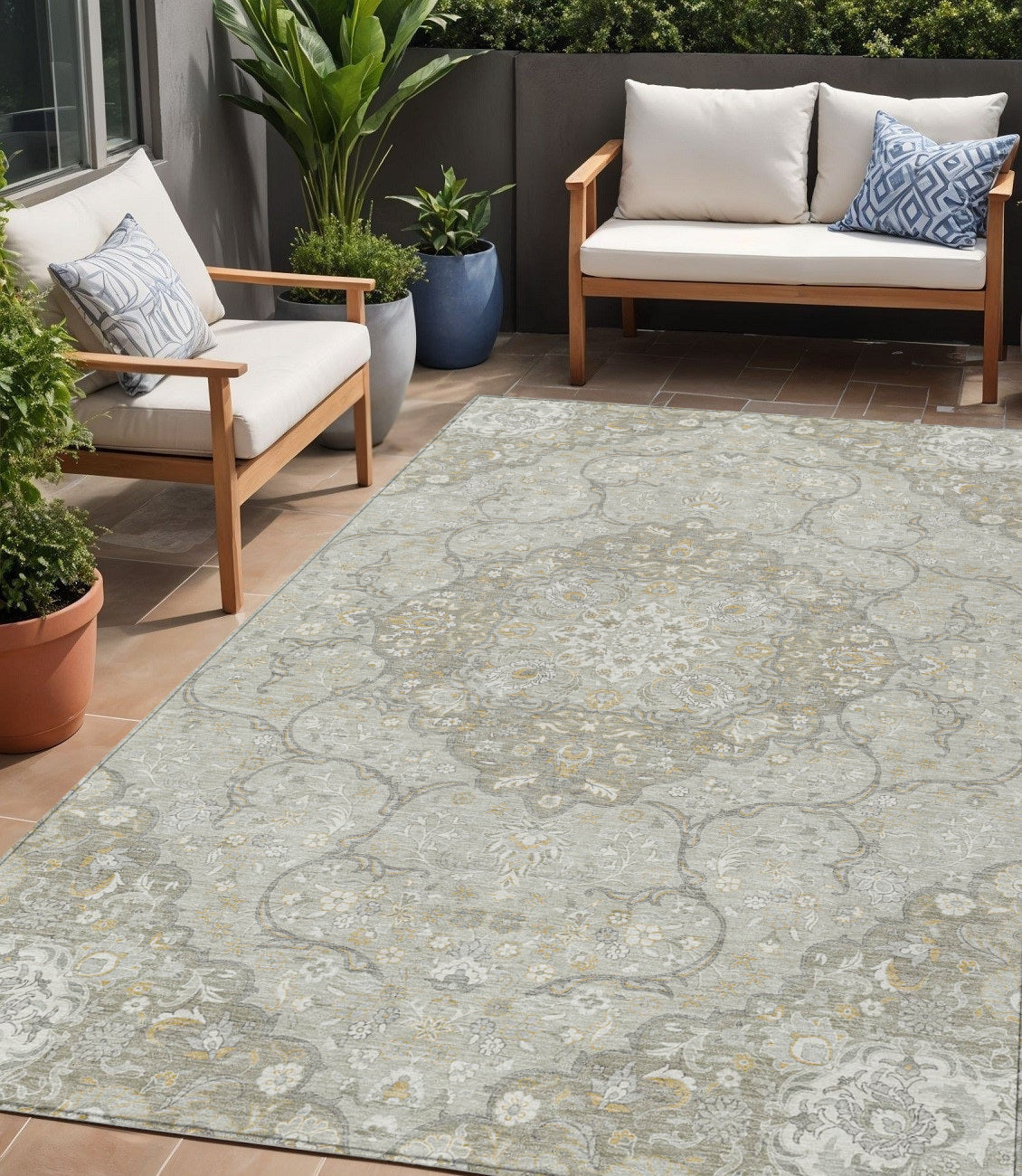 5 X 8 Taupe And Ivory Medallion Washable Indoor Outdoor Area Rug