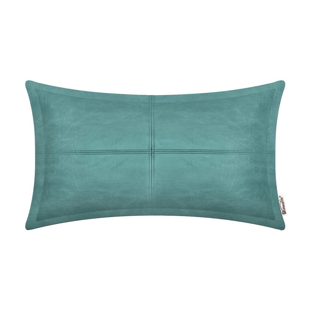 BRAWARM Teal Leather Throw Pillow 12 X 20 Inches, Faux Leather Pillow Cover with Piping, Hand Stitched Leather Decorative Lumbar