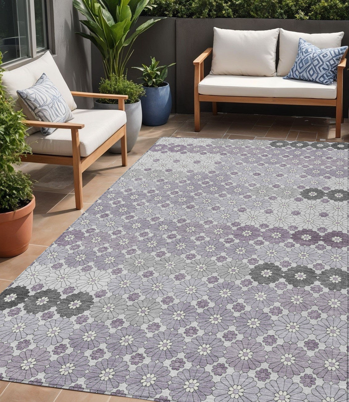 5 X 8 Lavender Gray And Ivory Floral Washable Indoor Outdoor Area Rug