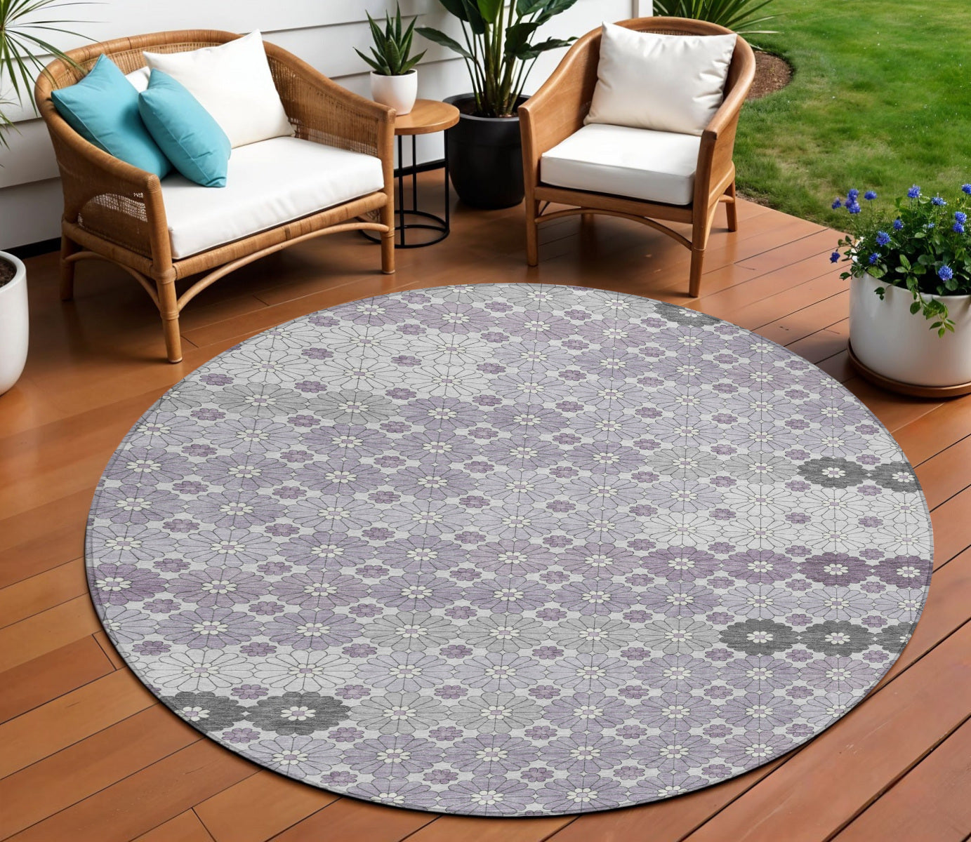 8 Lavender Gray And Ivory Round Floral Washable Indoor Outdoor Area Rug
