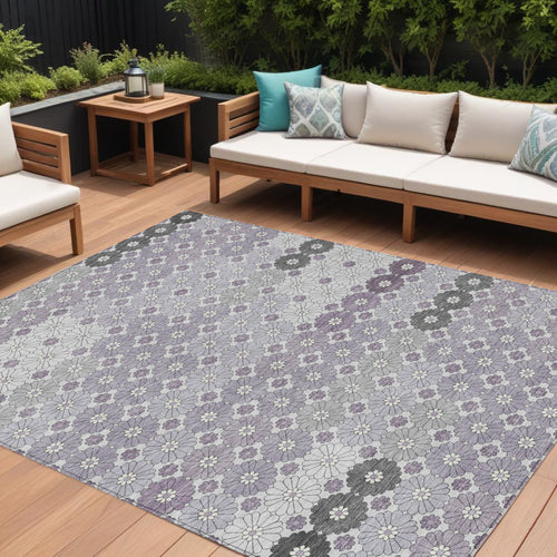 10 X 14 Lavender Gray And Ivory Floral Washable Indoor Outdoor Area Rug