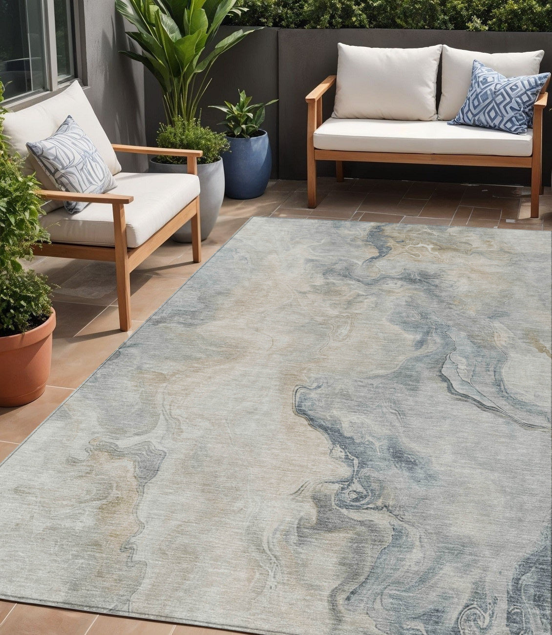 5 X 8 Beige Khaki And Gray Abstract Washable Indoor Outdoor Area Rug