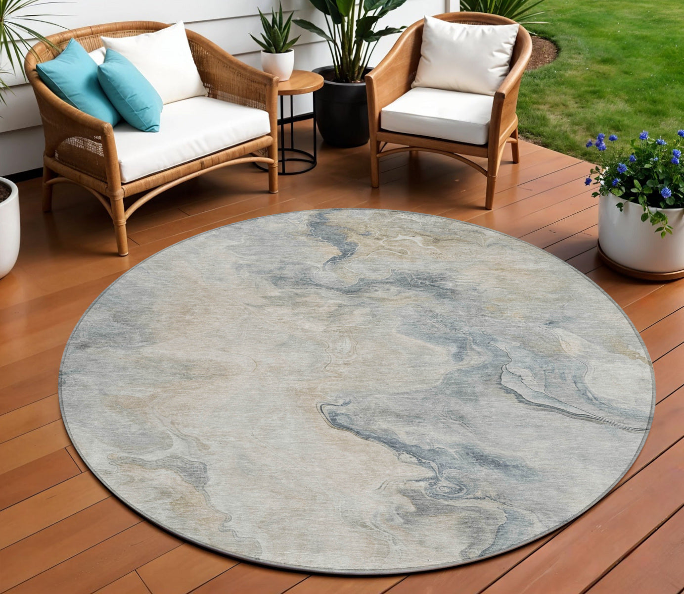 8 Beige Khaki And Gray Round Abstract Washable Indoor Outdoor Area Rug
