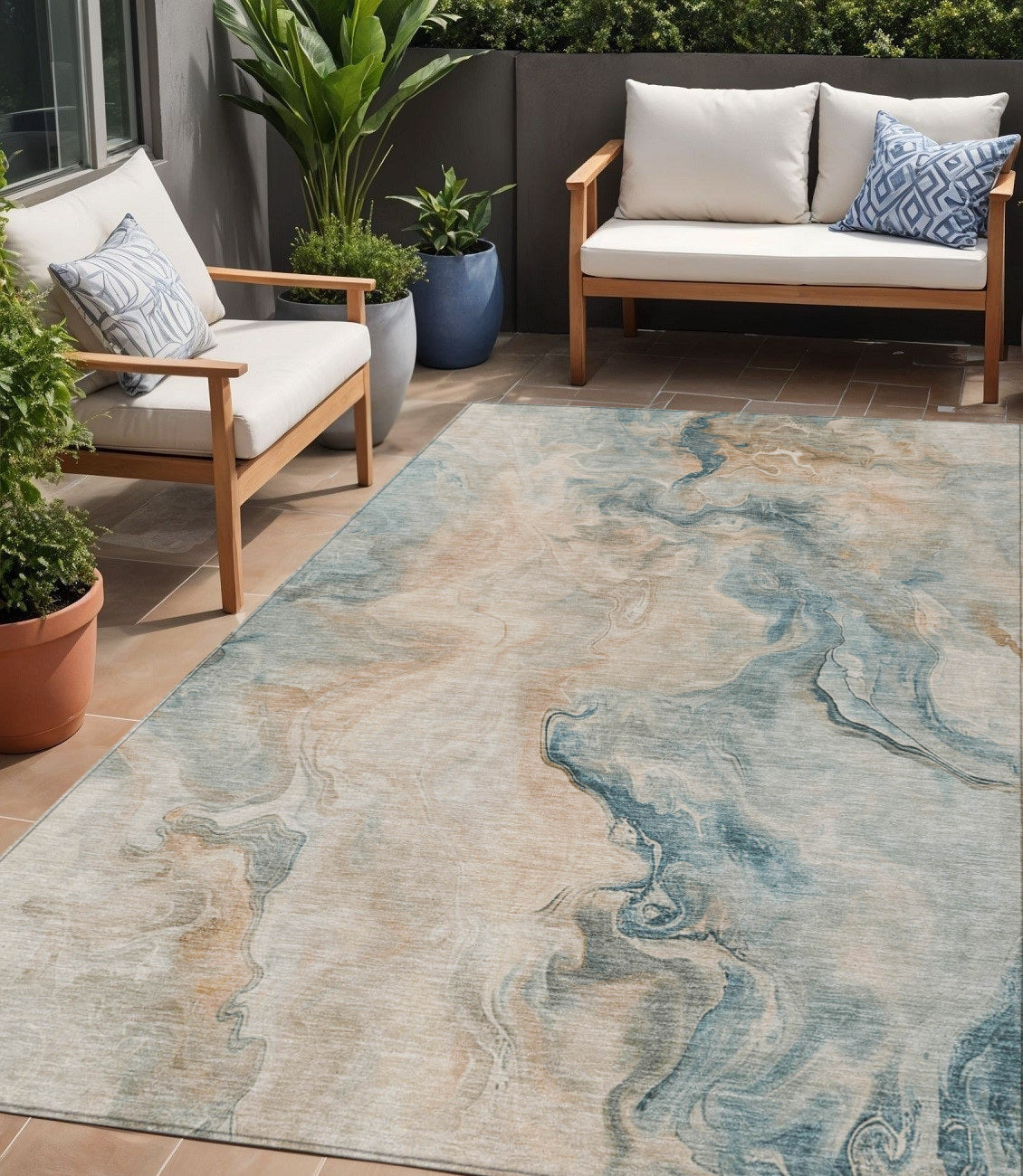 5 X 8 Teal Blue Coral And Ivory Abstract Washable Indoor Outdoor Area Rug