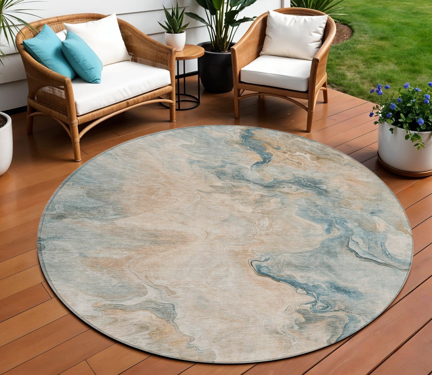 8 Teal Blue Coral And Ivory Round Abstract Washable Indoor Outdoor Area Rug