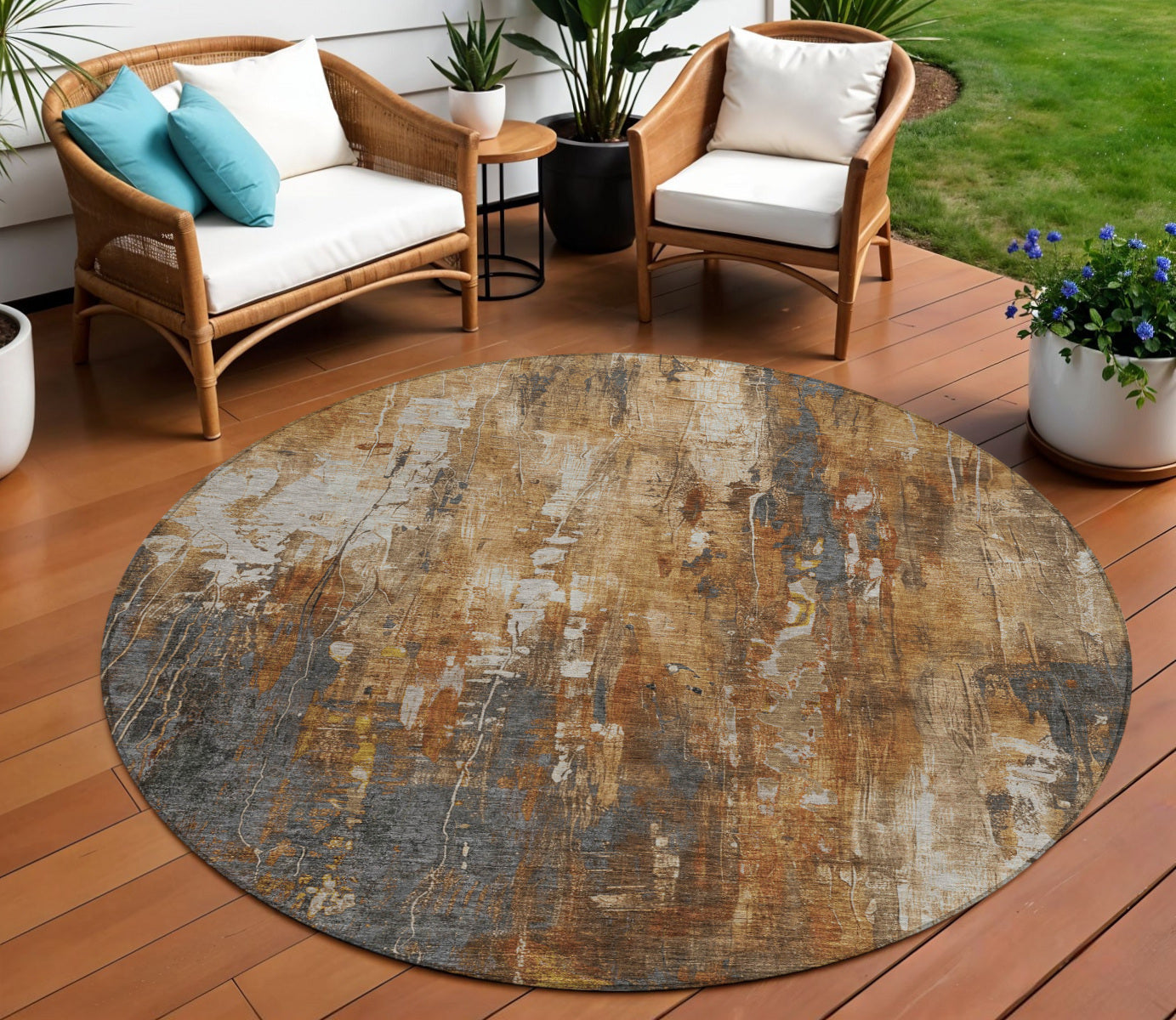8 Rust Gray And Ivory Round Abstract Washable Indoor Outdoor Area Rug