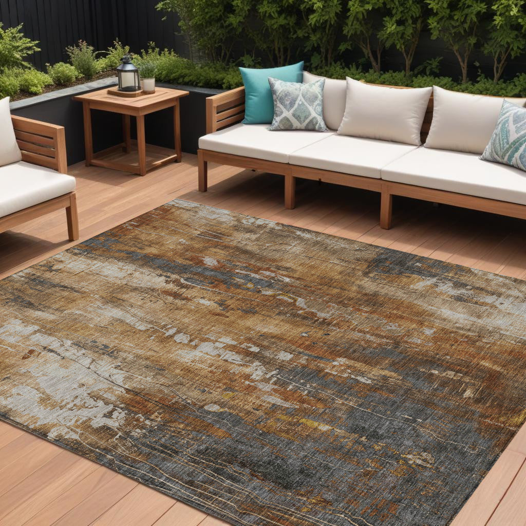 9 X 12 Rust Gray And Ivory Abstract Washable Indoor Outdoor Area Rug