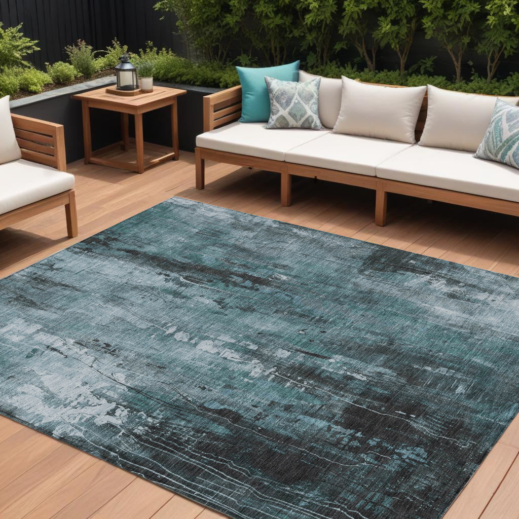 9 X 12 Teal Blue Gray And Ivory Abstract Washable Indoor Outdoor Area Rug