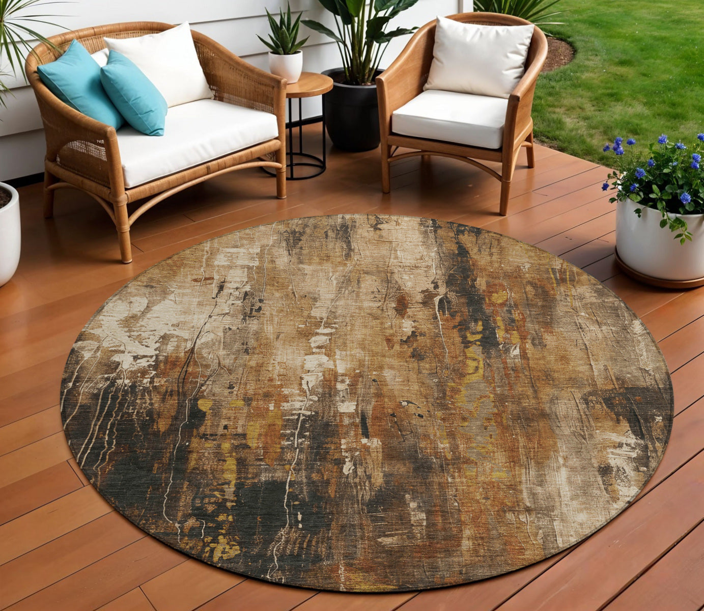 8 Taupe Gray And Ivory Round Abstract Washable Indoor Outdoor Area Rug