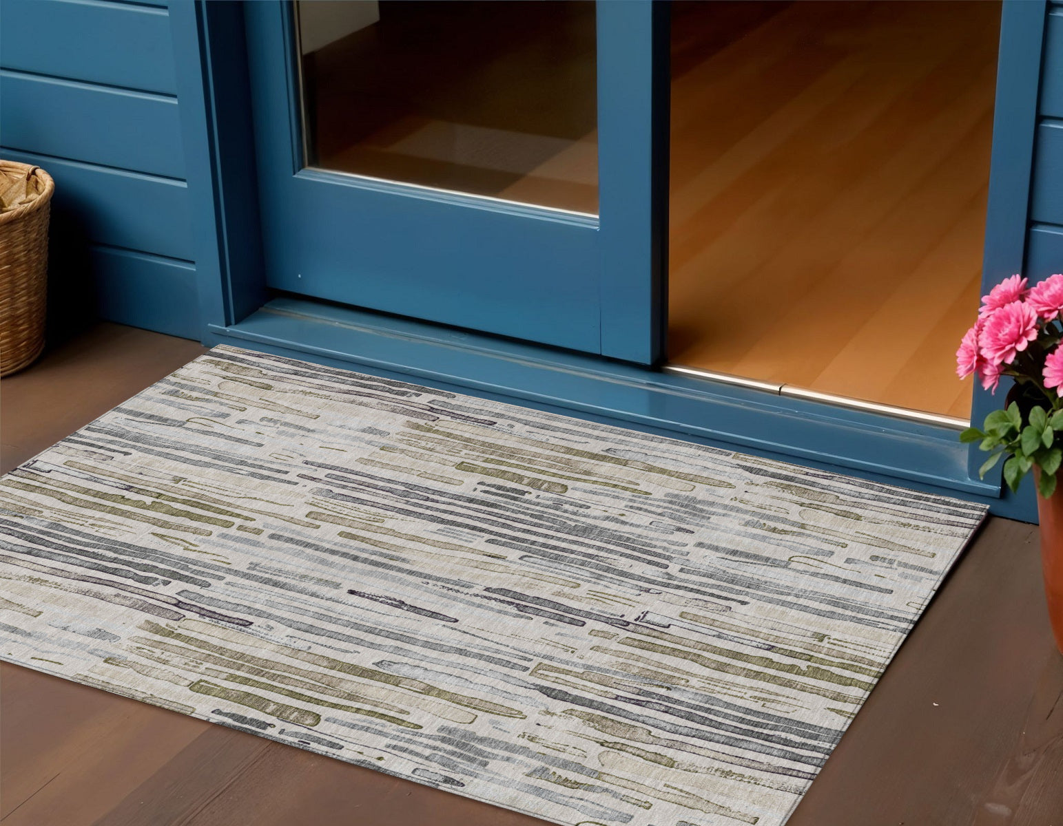 3 X 5 Beige And Gray Striped Washable Indoor Outdoor Area Rug
