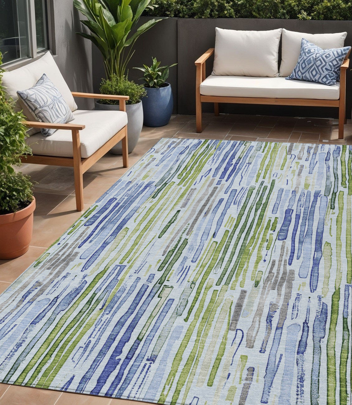 5 X 8 Sky Blue And Fern Green Striped Washable Indoor Outdoor Area Rug