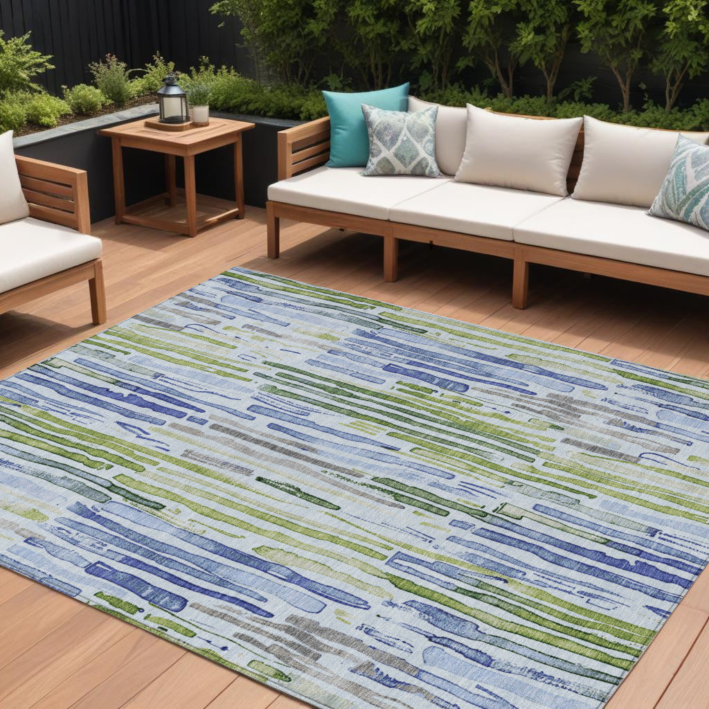 8 X 10 Sky Blue And Fern Green Striped Washable Indoor Outdoor Area Rug