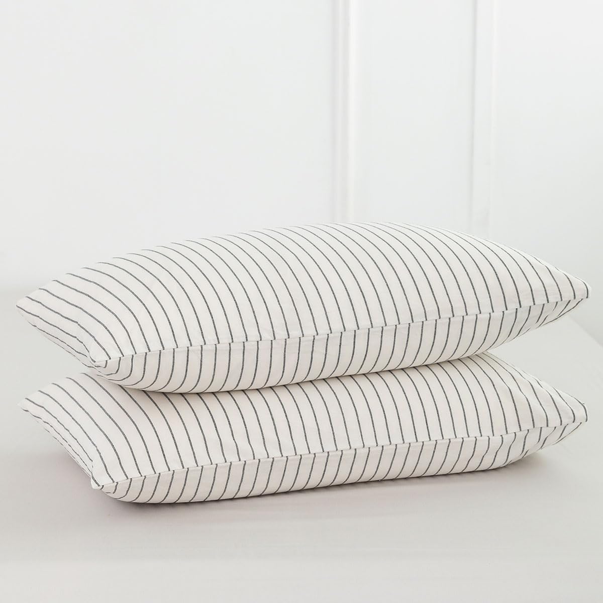 MooMee Bedding Pillowcases Striped Pack of 2 100% Washed Cotton Linen Like Textured Breathable Durable Soft Comfy (White Dark Gr