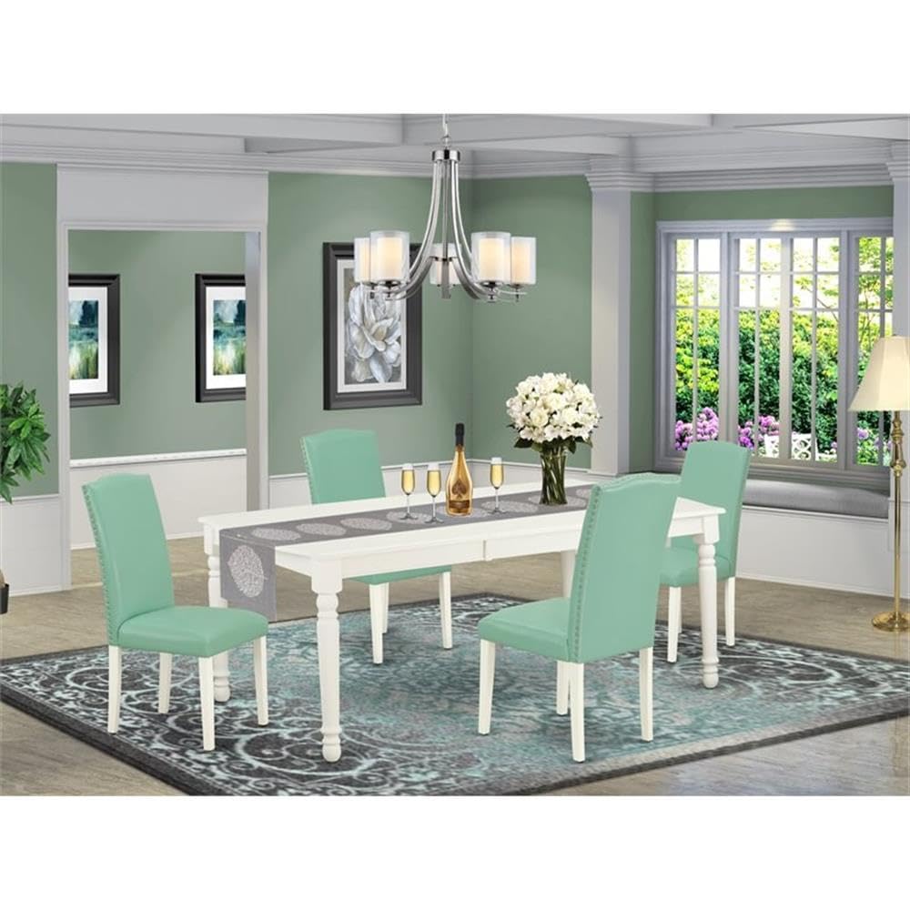 East West Furniture Doen5-Lwh-57 5 Piece Dining Table Set Includes A Rectangle Dining Room Table With Butterfly Leaf And 4 Pond Faux Leather Upholstered Chairs, 42X78 Inch, Linen White