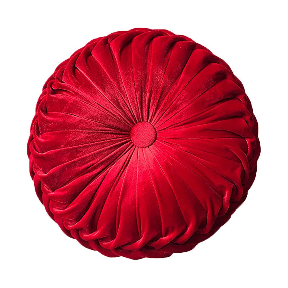 Teieas Round Throw Pillow Velvet Home Decoration Pleated Round Pillow Cushion For Couch Chair Bed Car Red