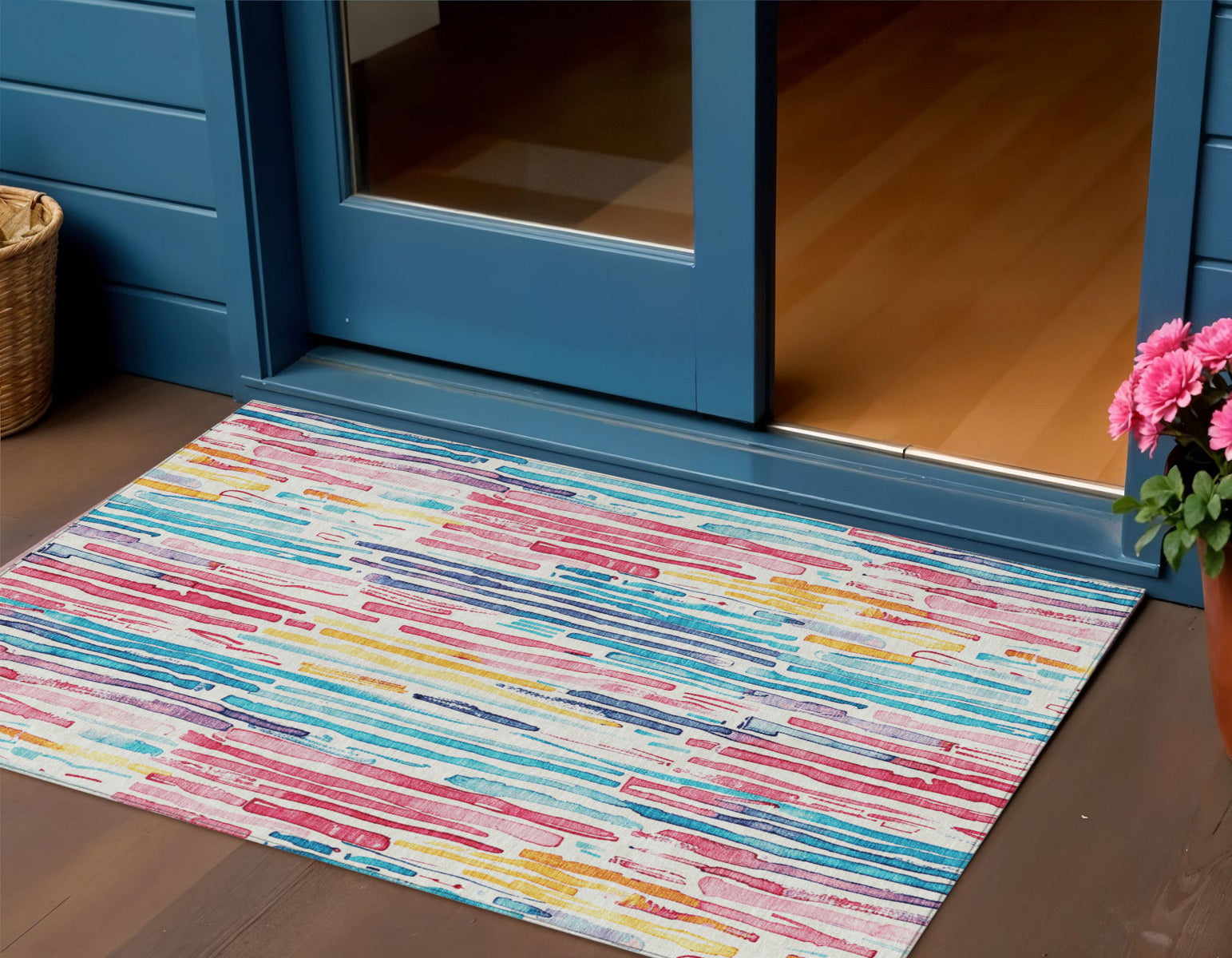 3 X 5 White Pink And Teal Blue Striped Washable Indoor Outdoor Area Rug