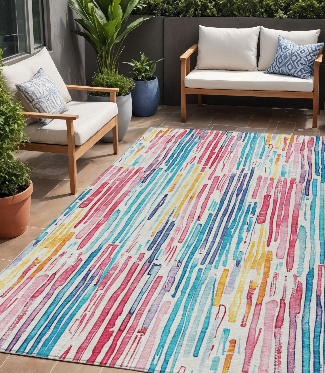 5 X 8 White Pink And Teal Blue Striped Washable Indoor Outdoor Area Rug