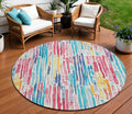 8 White Pink And Teal Blue Round Striped Washable Indoor Outdoor Area Rug