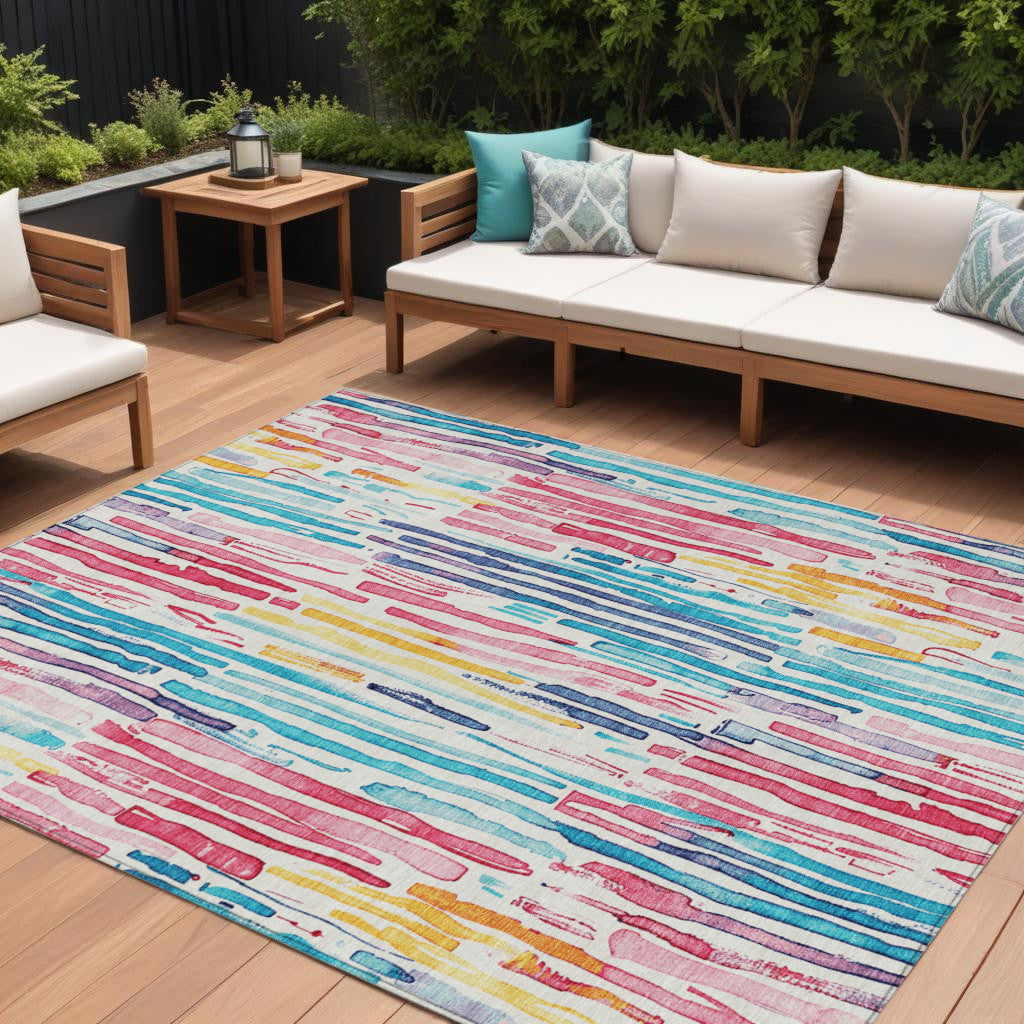 8 X 10 White Pink And Teal Blue Striped Washable Indoor Outdoor Area Rug
