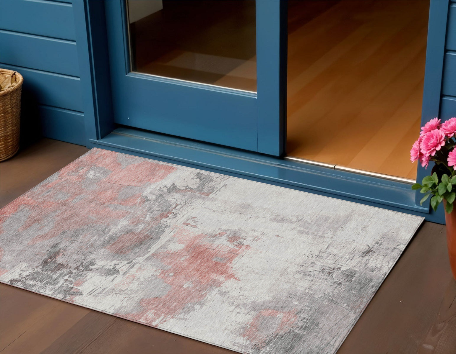 3 X 5 Coral And Gray Abstract Washable Indoor Outdoor Area Rug