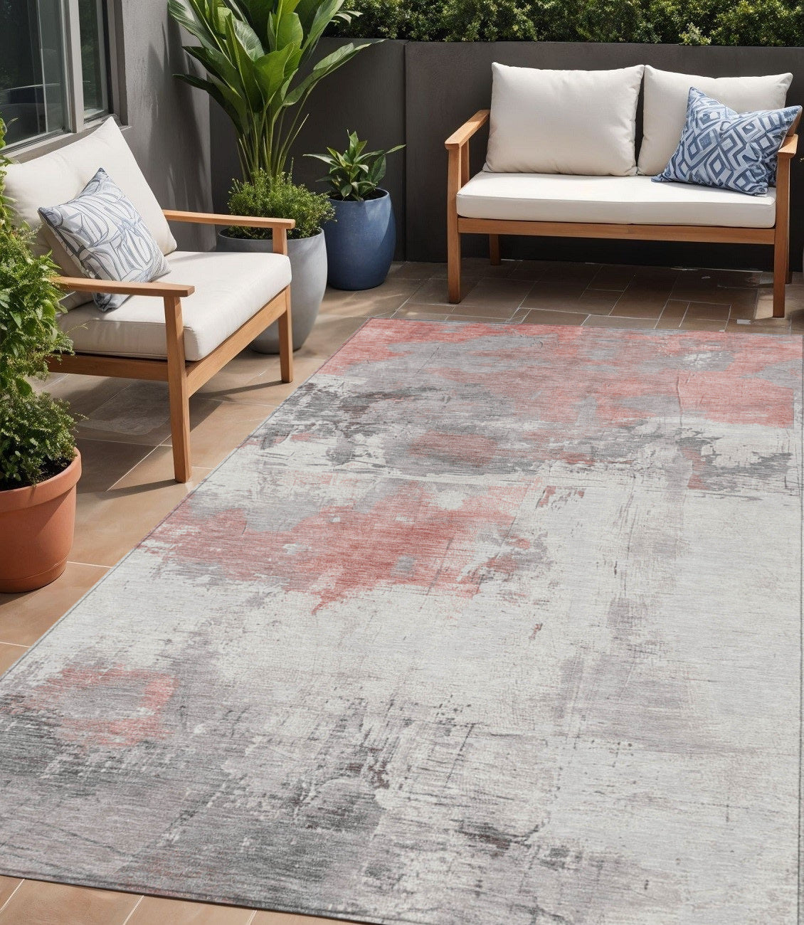 5 X 8 Coral And Gray Abstract Washable Indoor Outdoor Area Rug