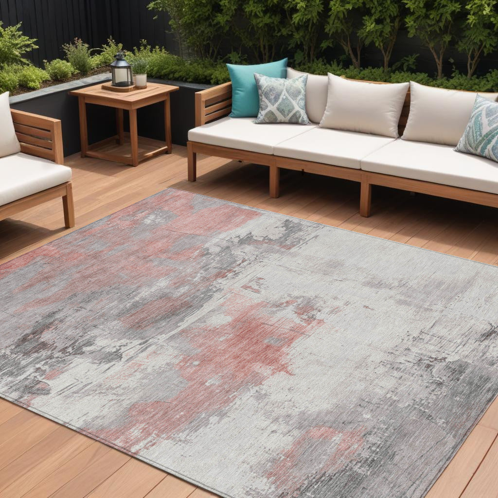 8 X 10 Coral And Gray Abstract Washable Indoor Outdoor Area Rug