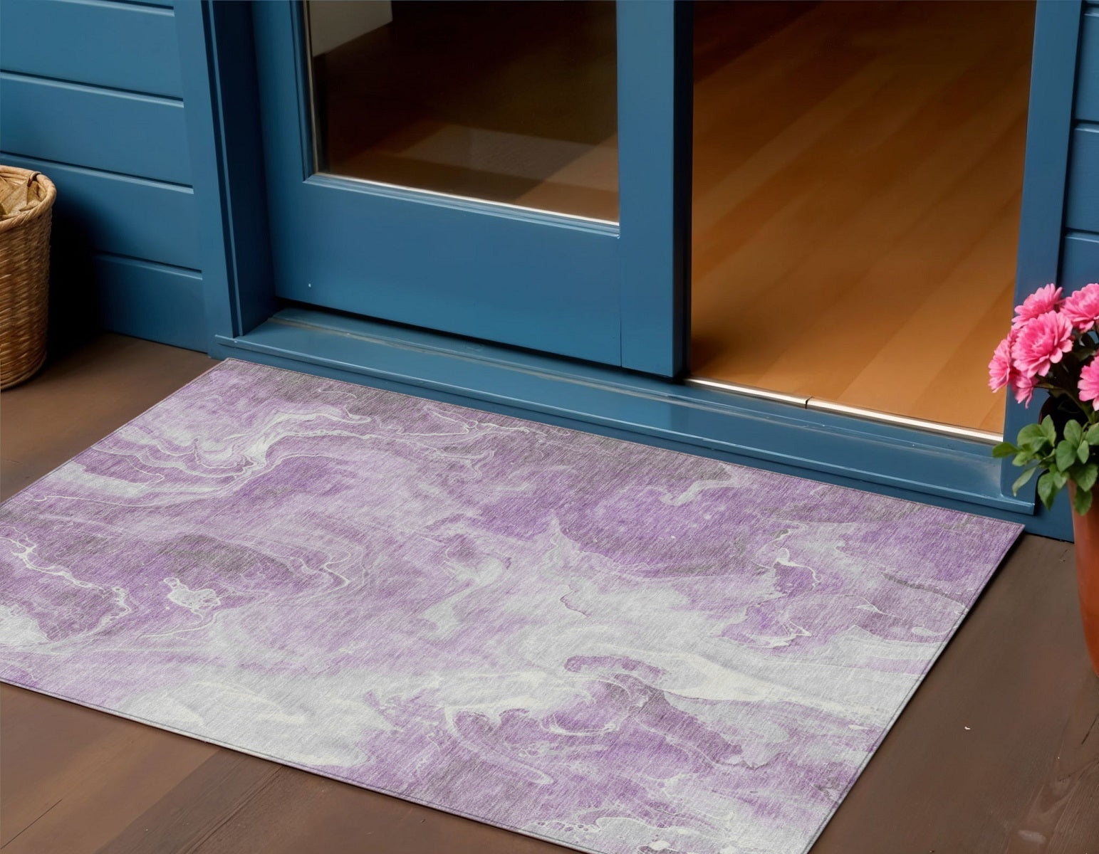 3 X 5 Lavender And Ivory Abstract Washable Indoor Outdoor Area Rug