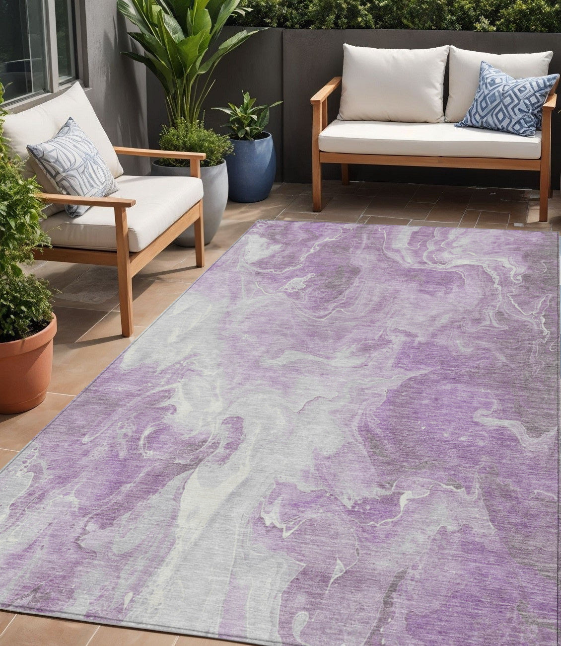 5 X 8 Lavender And Ivory Abstract Washable Indoor Outdoor Area Rug