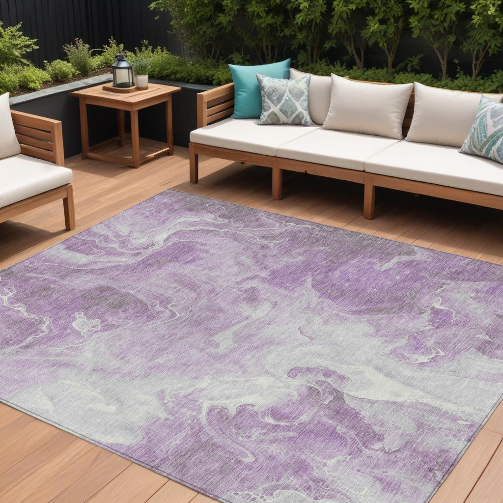 8 X 10 Lavender And Ivory Abstract Washable Indoor Outdoor Area Rug
