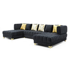 Better Home Products Marigold Velvet U-Shaped Double Chaise Sectional Sofa - 140" Large Couch with 6 Pillows & Gold Legs for Your Living Room, Fully Tufted Firm & Deep (Black)