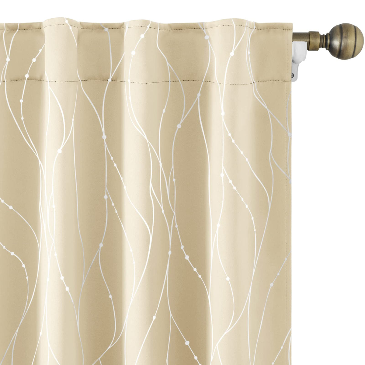 Homeideas Beige Blackout Curtains 52 X 63 Inch Length 2 Panels Silver Wave Line With Dots Printed Back Tab Room Darkening Curtai