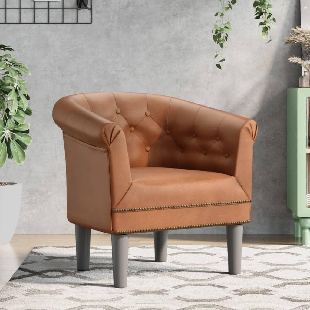 vidaXL Tub Chair, Brown Faux Leather, Comfortable Armrest, Button-Tufted, Sturdy Plywood and Pinewood Frame, Suitable for Living Room and Office