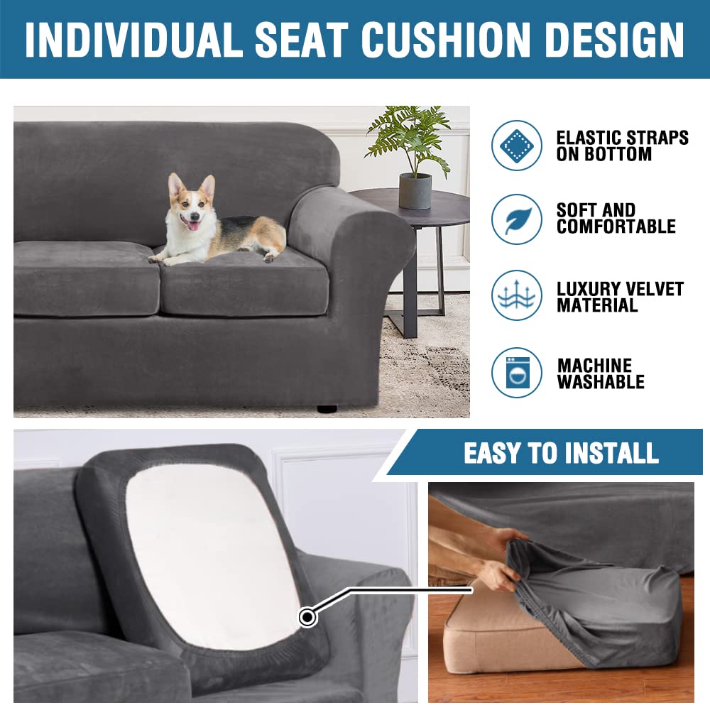 H.Versailtex Real Velvet Plush 3 Piece Stretch Sofa Covers Couch Covers For 2 Cushion Couch Sofa Slipcovers Width Up To 90 Inch