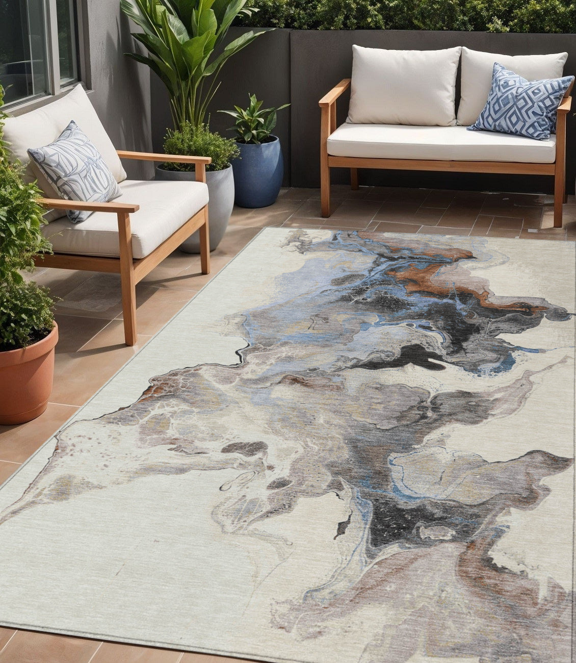 5' X 8' Beige Gray And Copper Abstract Washable Indoor Outdoor Area Rug