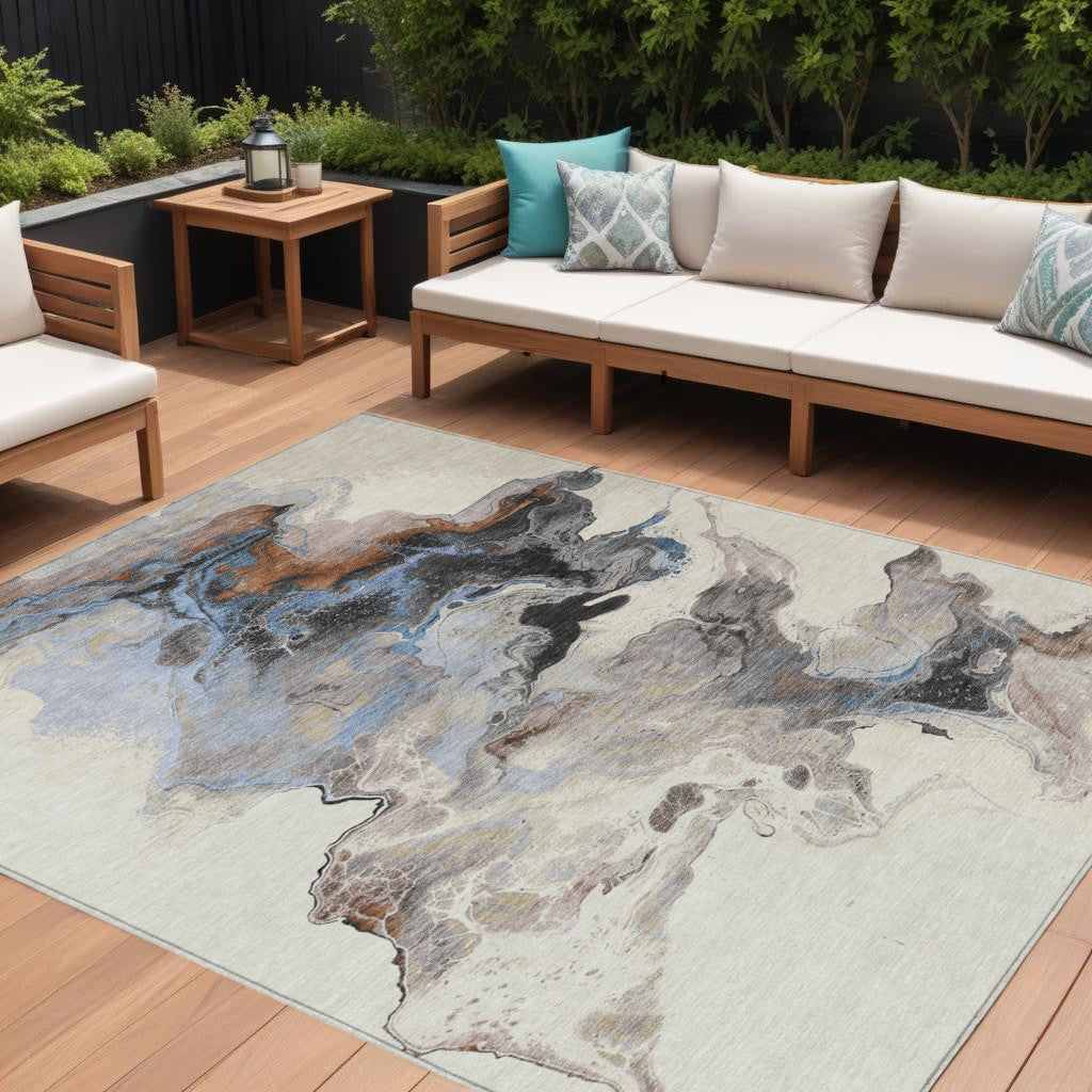 9' X 12' Beige Gray And Copper Abstract Washable Indoor Outdoor Area Rug