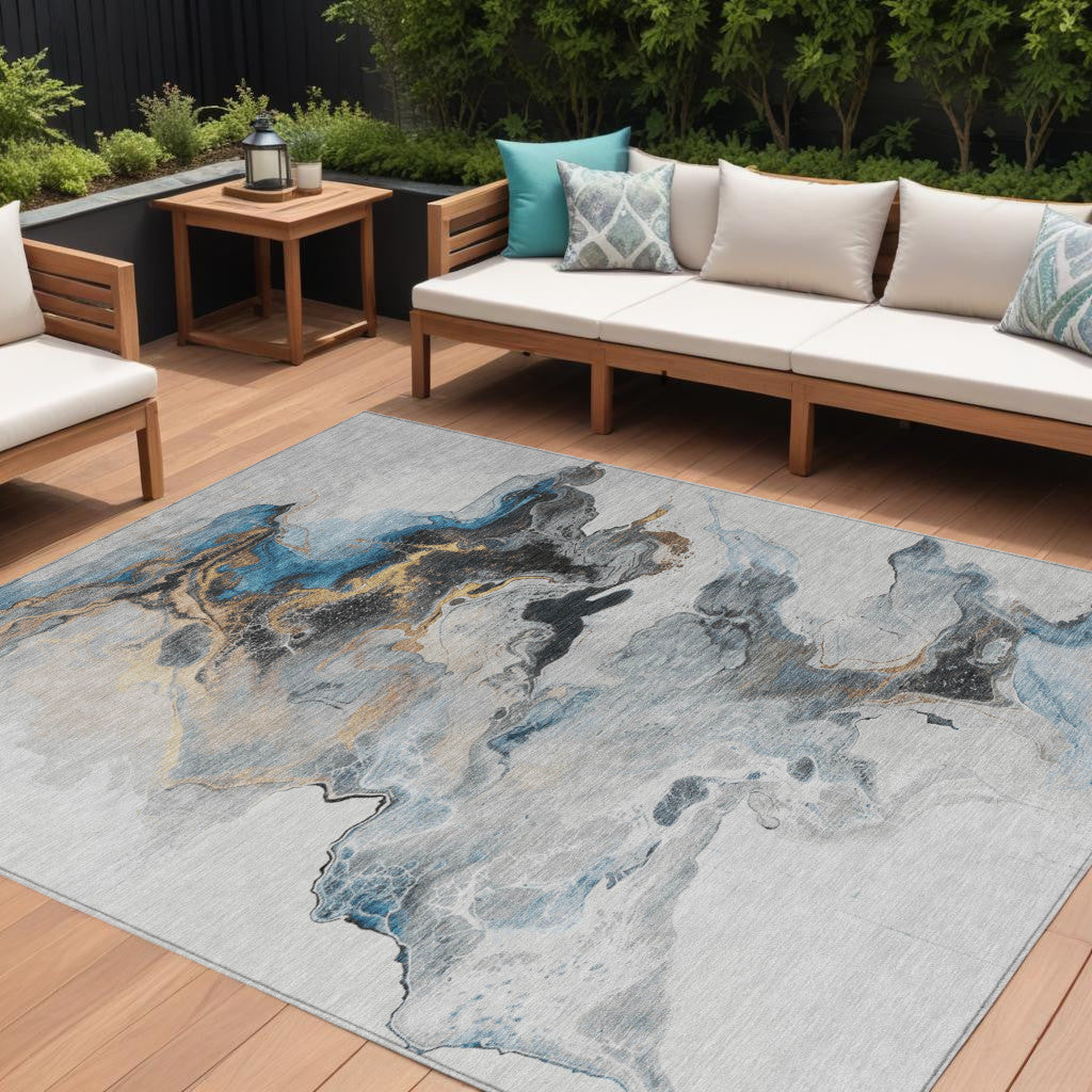 9' X 12' Gray Silver And Blue Abstract Washable Indoor Outdoor Area Rug