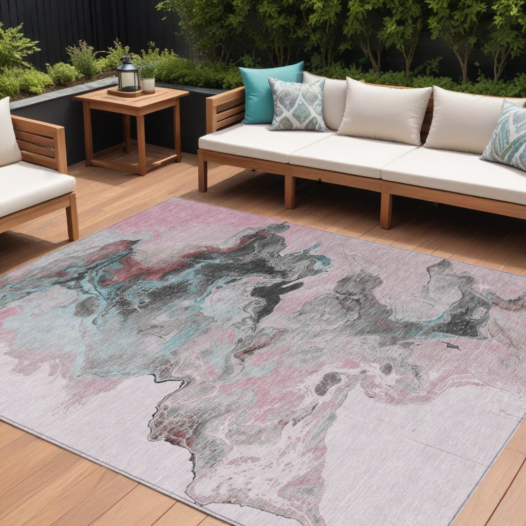 9' X 12' Pink Gray And Silver Abstract Washable Indoor Outdoor Area Rug