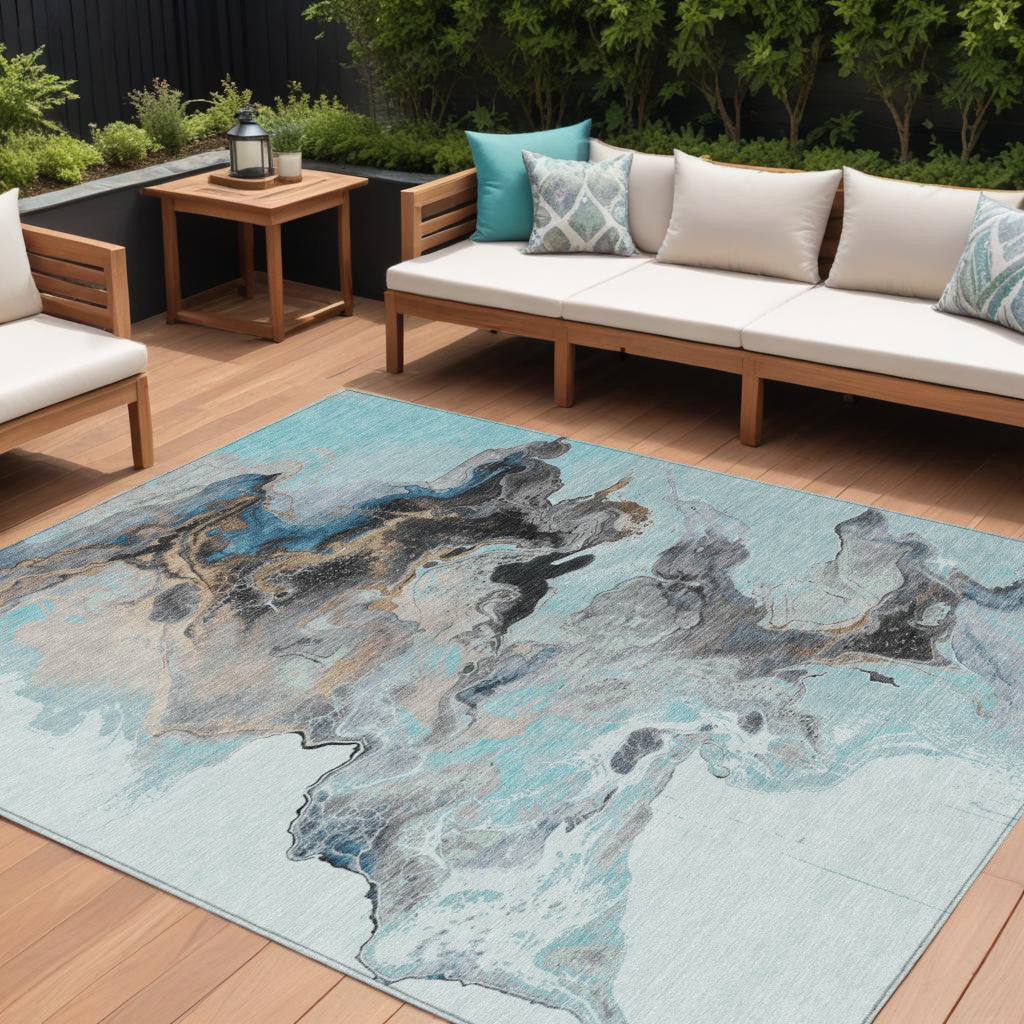 9' X 12' Teal Blue Gold And Gray Abstract Washable Indoor Outdoor Area Rug