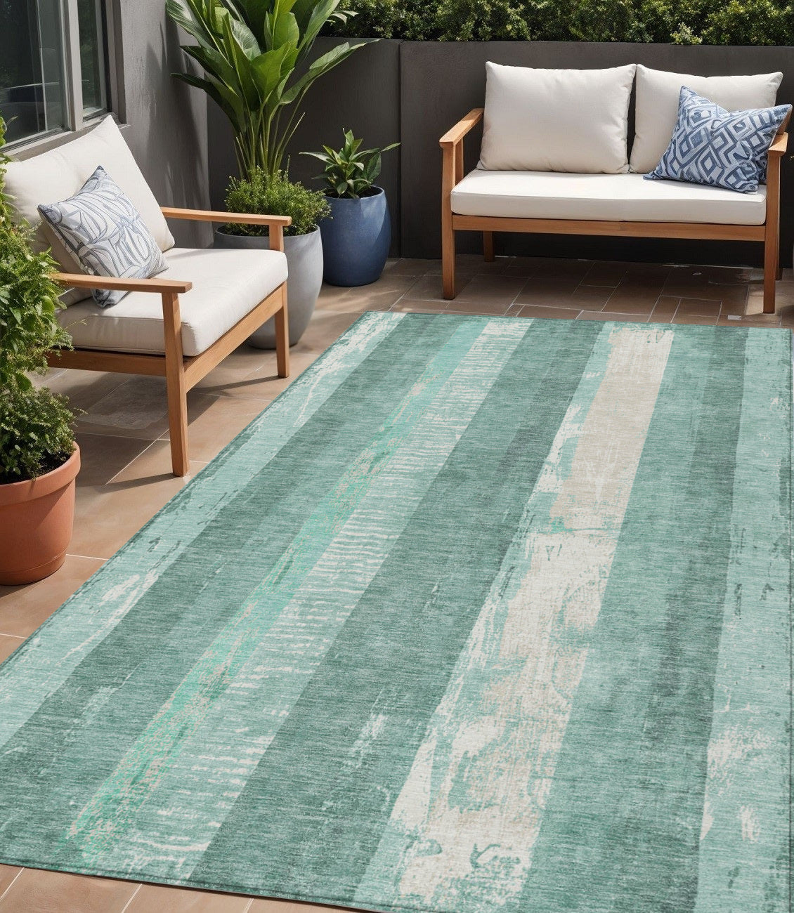 5' X 8' Pale Aqua And Teal Blue Striped Washable Indoor Outdoor Area Rug