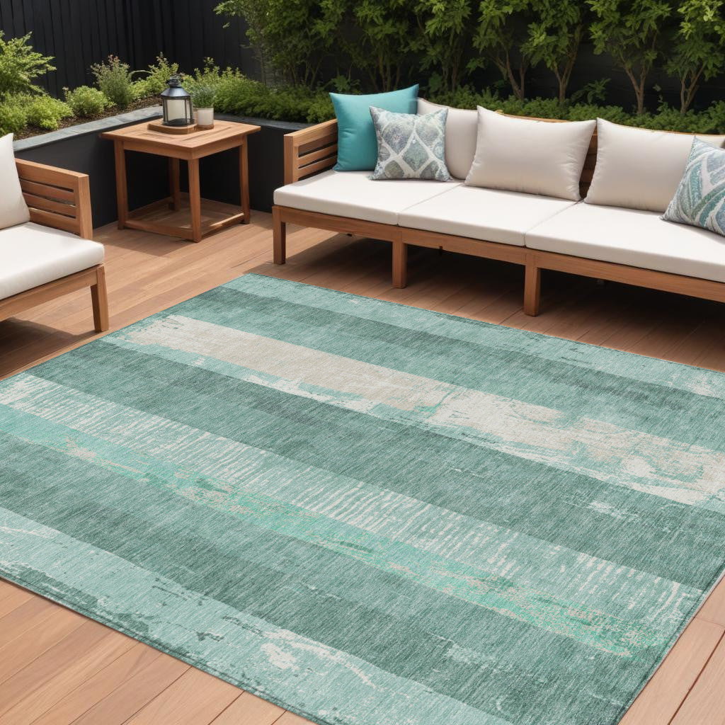 9' X 12' Pale Aqua And Teal Blue Striped Washable Indoor Outdoor Area Rug
