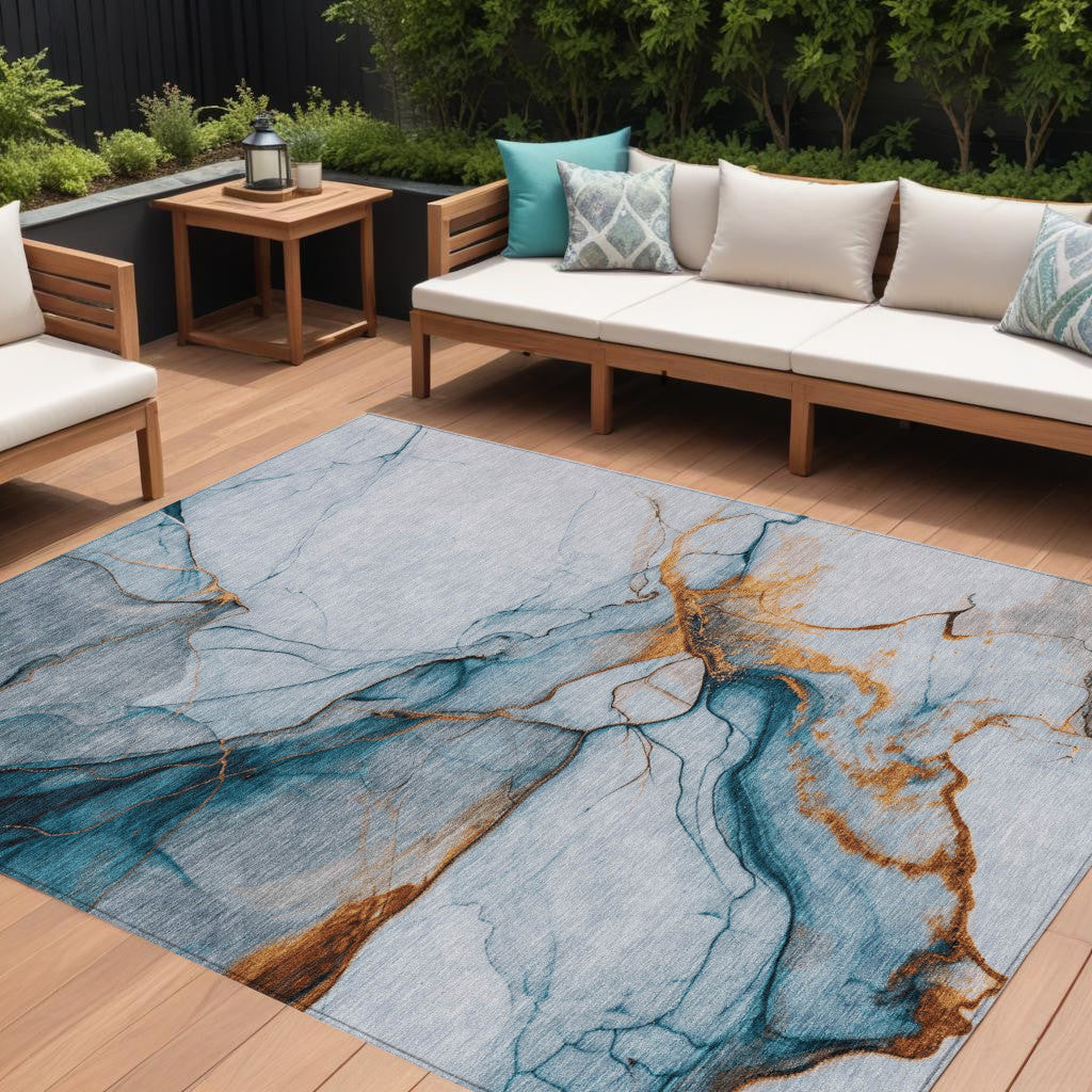 9' X 12' Sky Blue And Copper Abstract Washable Indoor Outdoor Area Rug