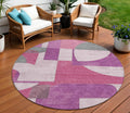 8' Blush And Mauve Round Geometric Washable Indoor Outdoor Area Rug