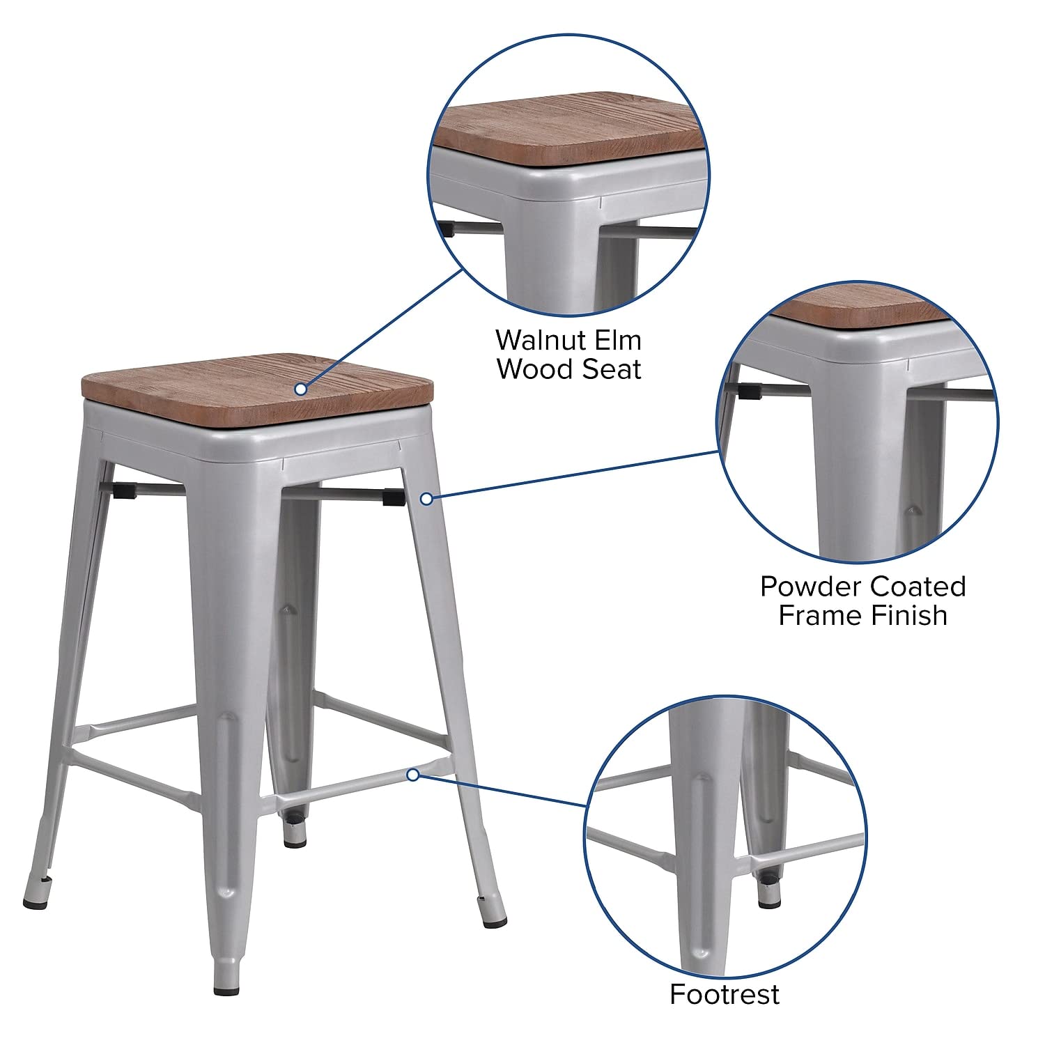 Flash Furniture Lily 24&quot; High Backless Silver Metal Counter Height Stool With Square Wood Seat (Pack Of 1)