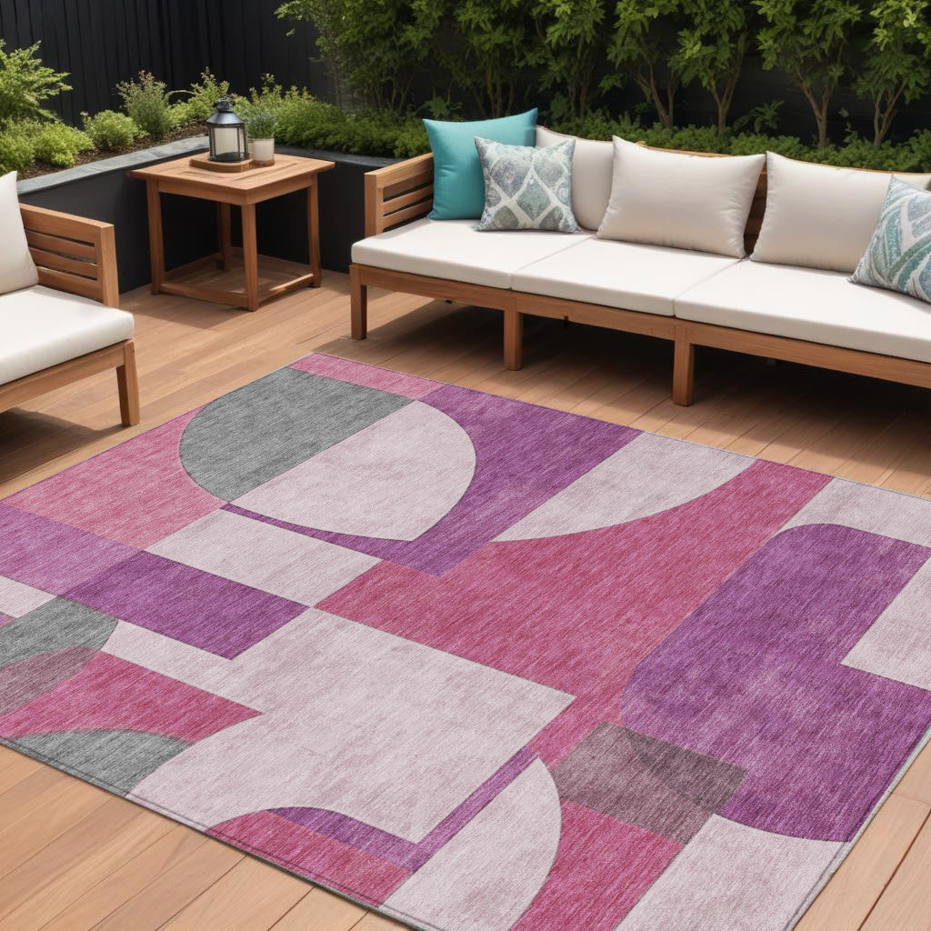 10' X 14' Blush And Mauve Geometric Washable Indoor Outdoor Area Rug