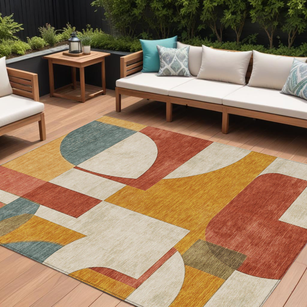 10' X 14' Coral Gold And Ivory Geometric Washable Indoor Outdoor Area Rug