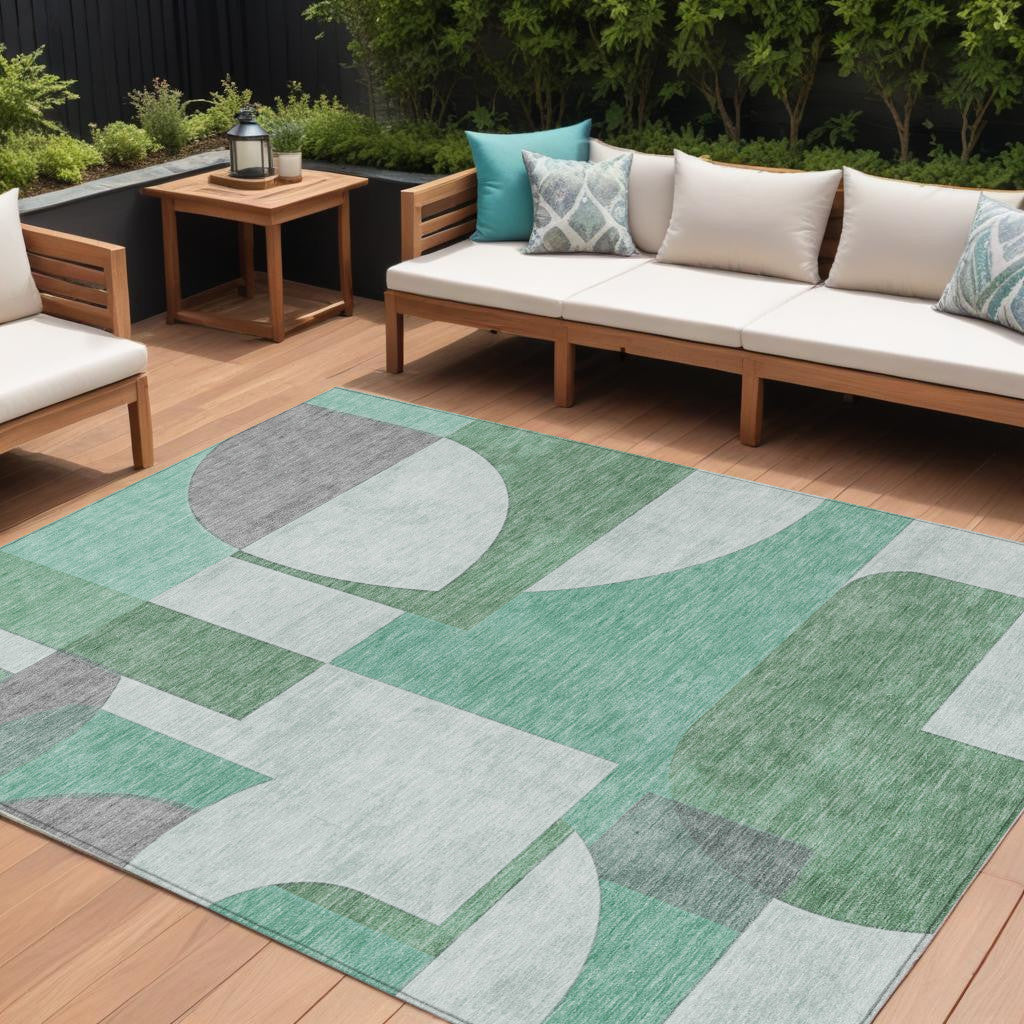9' X 12' Green Sage And Gray Geometric Washable Indoor Outdoor Area Rug