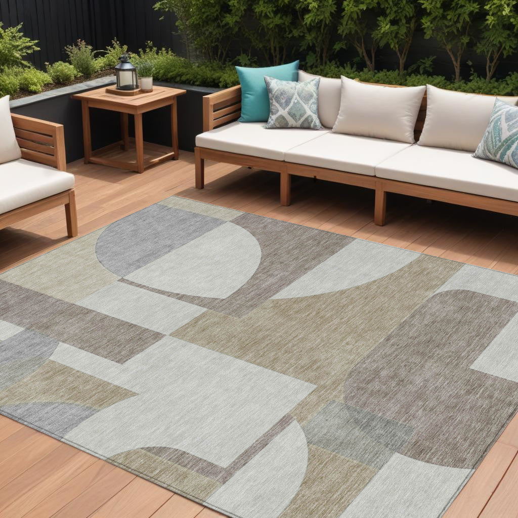 8' X 10' Khaki And Silver Geometric Washable Indoor Outdoor Area Rug